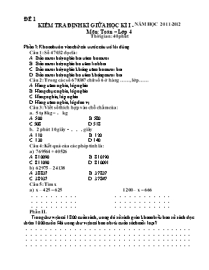 Bài kiểm tra Giữa học kỳ I môn Toán Lớp 4 - Năm học 2011-2012